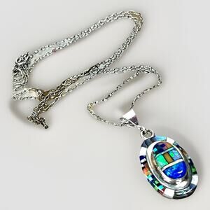ZUNI Galaxy Micro Inlay Multi Stone Sterling Silver Pendant Necklace 22”- NEW
